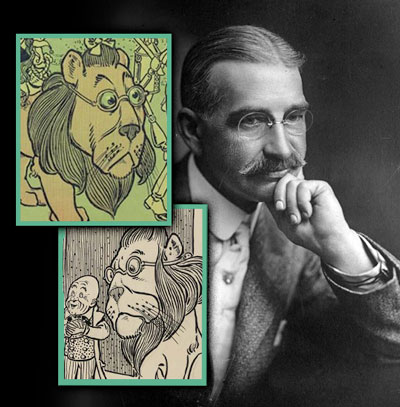 The Wizard of Oz and Political Symbolism: L Frank Baum with Cowardly Lion character inset. Similarities between the bespectacled Baum and Denslow's Cowardly Lion illustration are compelling.